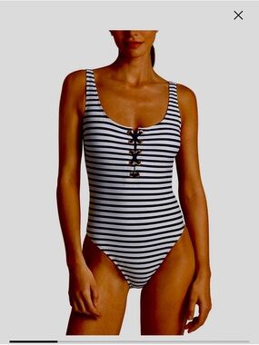 Lauren Ralph Lauren Navy & White Striped Lace-Up One-Piece Swimsuit